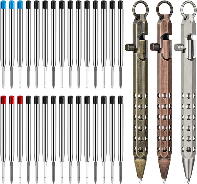 Origin-Joy 3 Pack Bolt Action Pen Set, Six Edge Solid Brass EDC Pocket Tactical Pen With 30 Ballpoint Refills (Retro Black & Red Bronze & Nickel Gray) - Image 1
